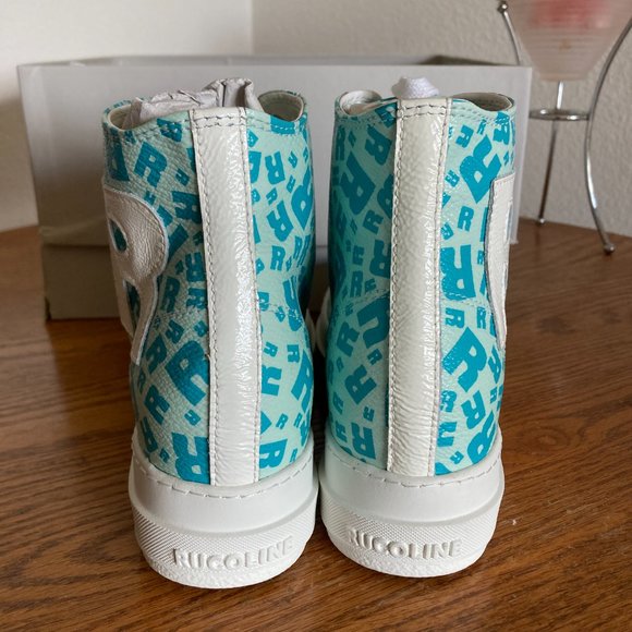 Ruco Line women's size 35 IT hidden wedge heel ' R ' logo print leather sneakers - Picture 5 of 8